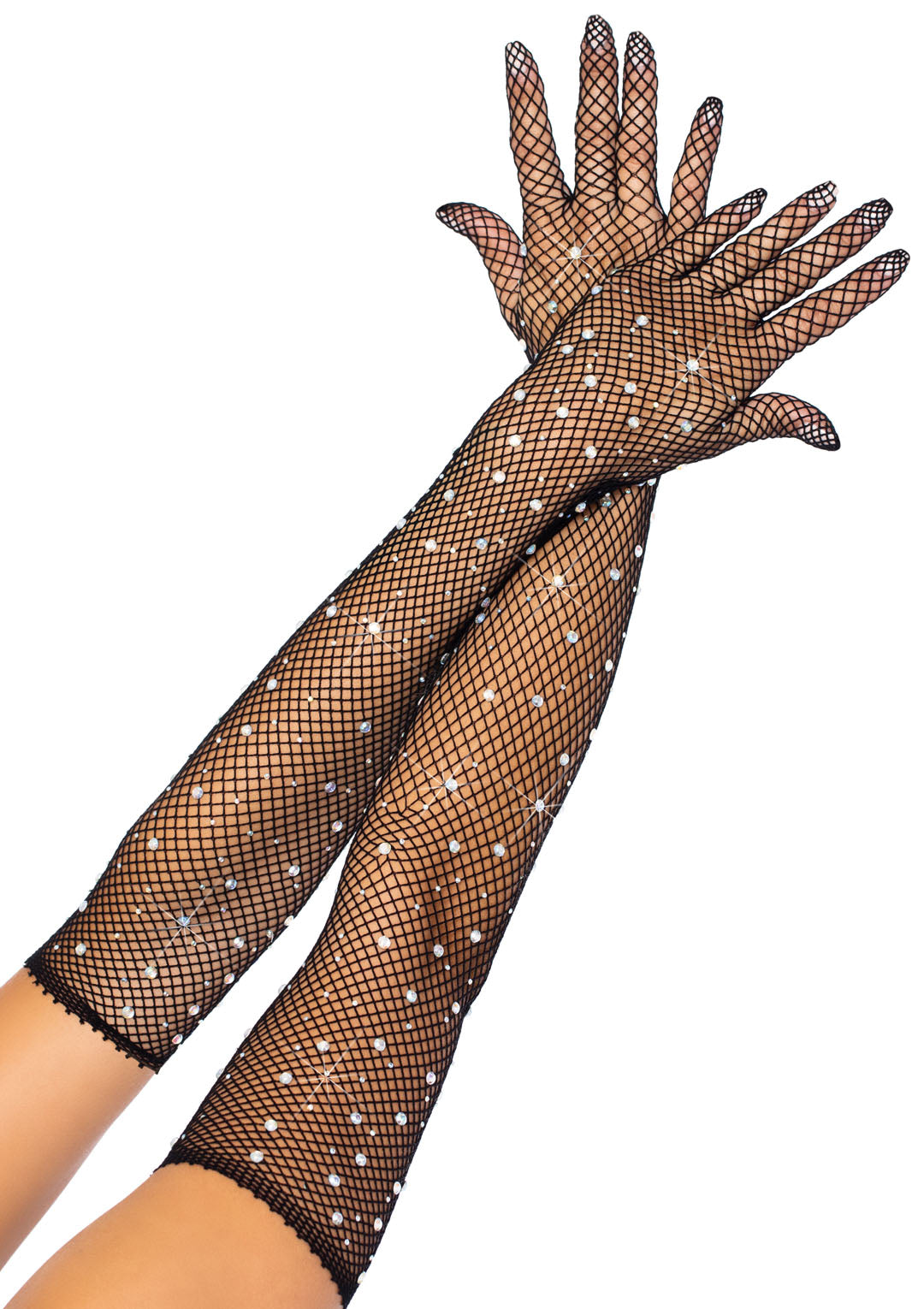Black Rhinestone Fishnet Opera Length Gloves