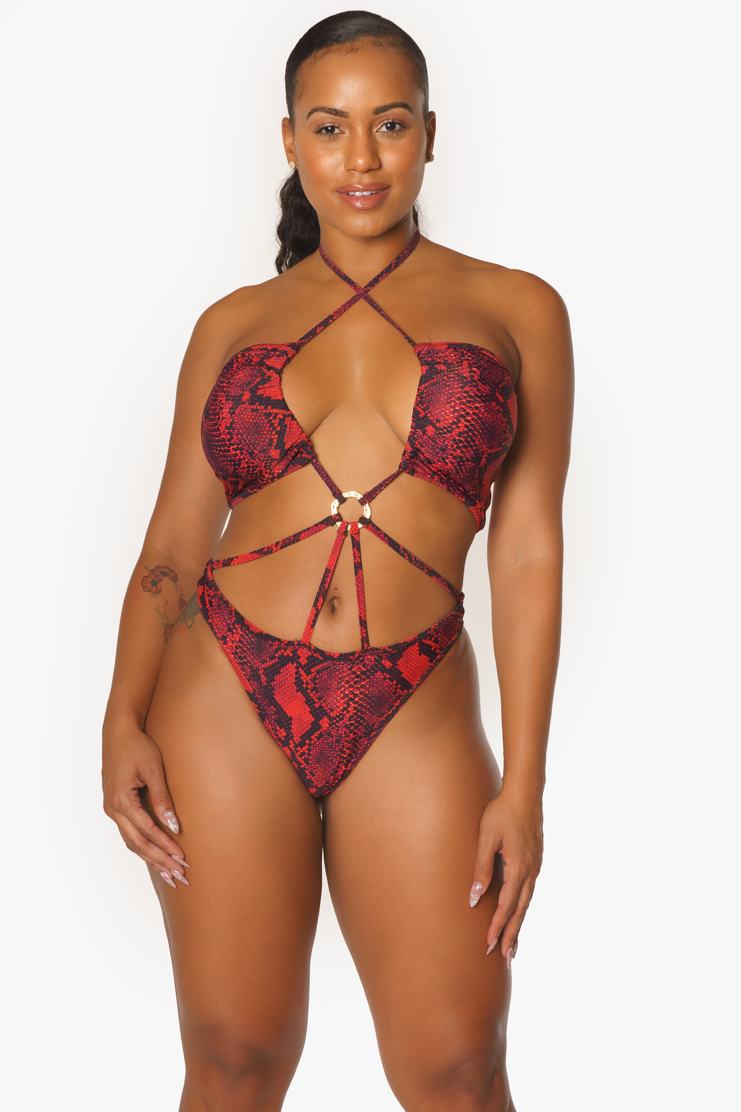 Red Snake Skin Strappy One Piece Swimsuit with Center Metal Ring Accent