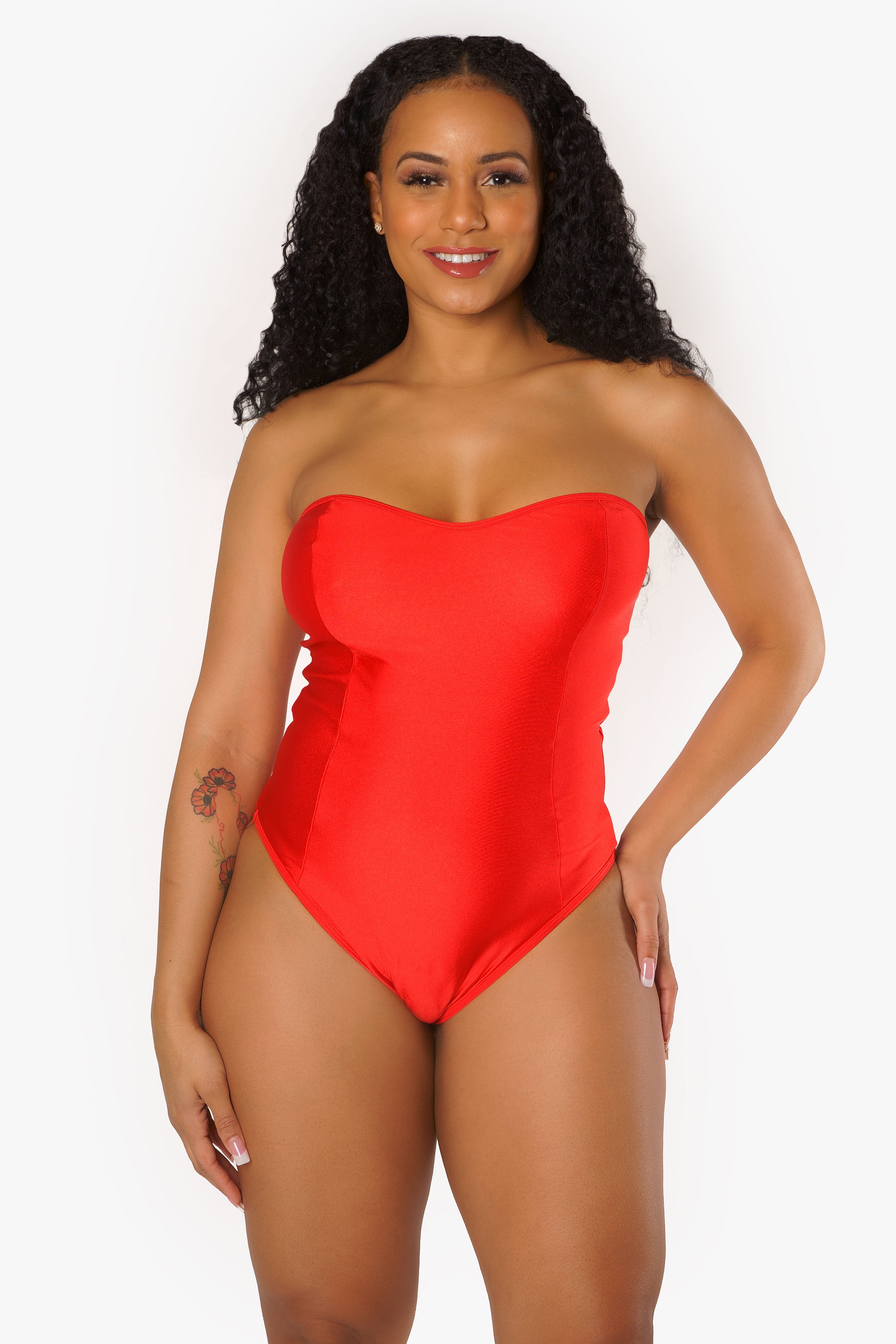 Pink Lipstick Treat Me Right Strapless Bodysuit Red O/s