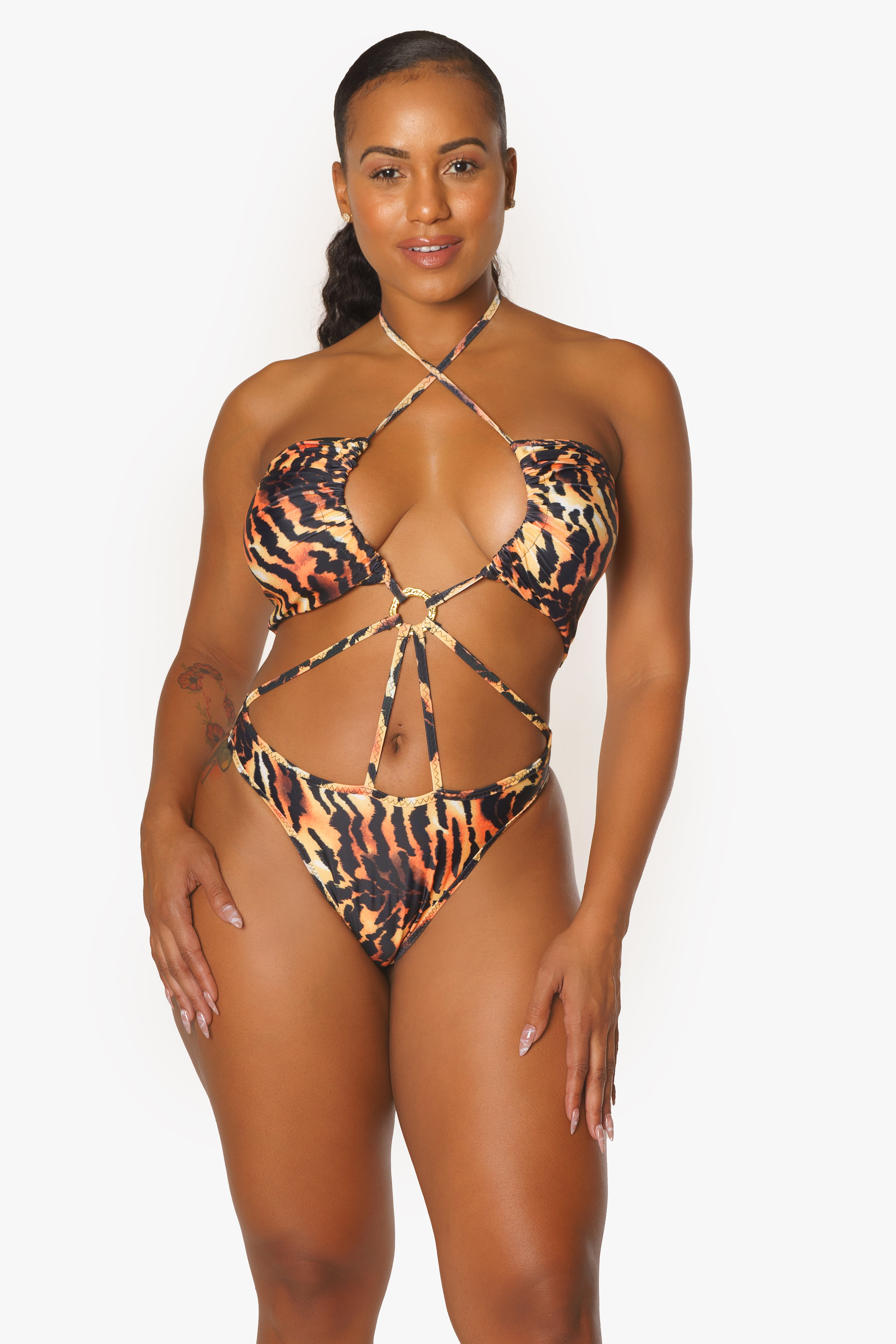 Tiger Strappy One Piece Swimsuit with Center Metal Ring Accent