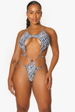 Zebra Cut Out One Piece Swimsuit with Metal Ring Accents