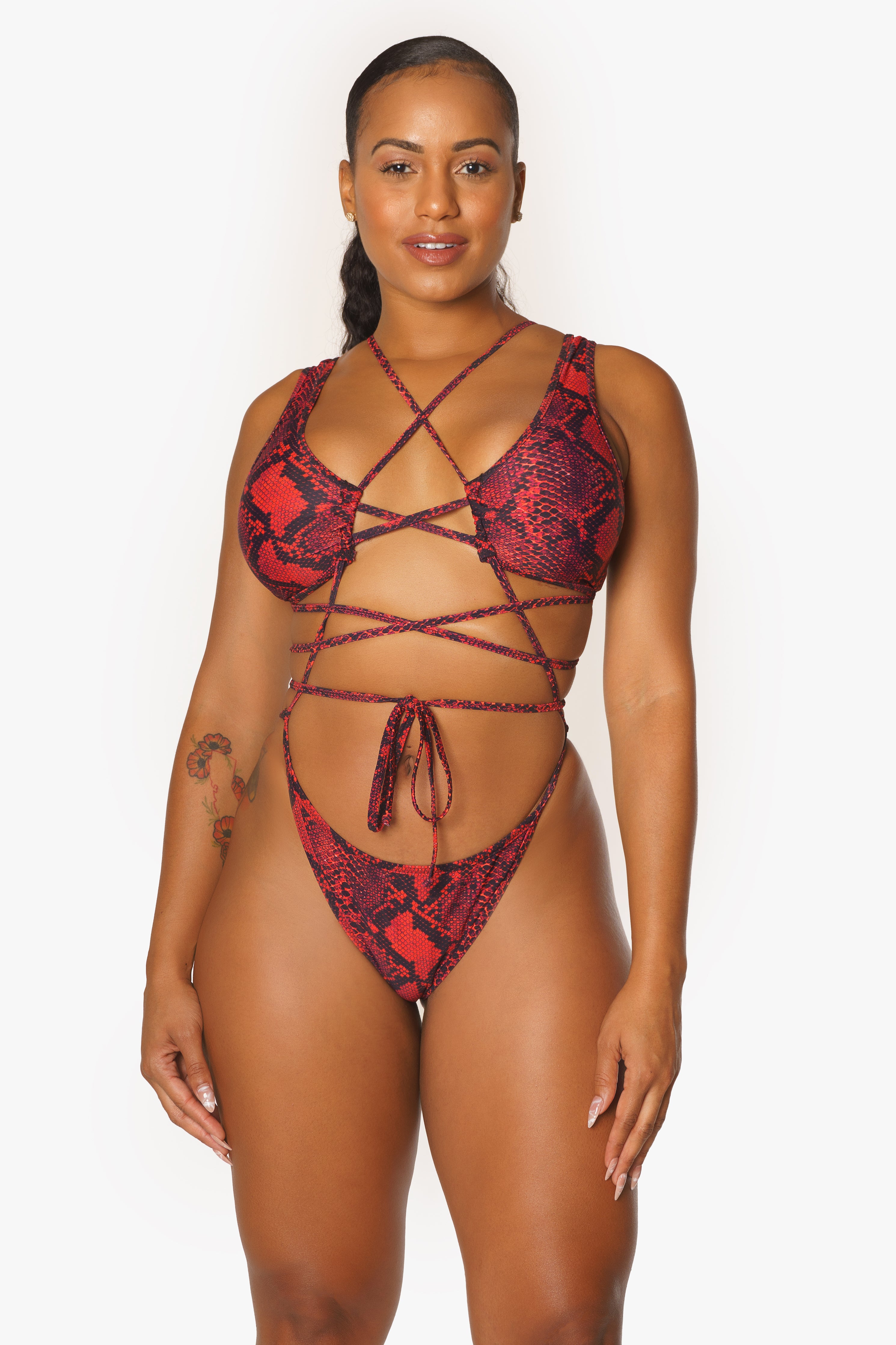 Red Snake Statement One Piece Strappy Swimsuit