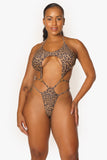 Leopard Cut Out One Piece Swimsuit with Metal Ring Accents