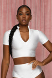 White Short Sleeve Zipper Crop Top