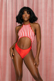 Red And White Stripe Cutout Bodysuit