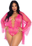 a woman in a pink lace teddy and robe lingerie set