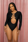 Black Solid  Lace Up Long Sleeve Bodysuit