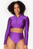 Purple Long Sleeve Zipper Crop Top