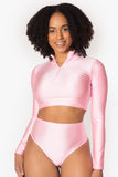 Bubblegum Pink Long Sleeve Zipper Crop Top