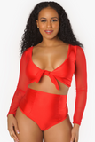 Red Mesh Long Sleeve Tie Up Top