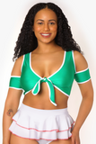 Green With White Accents Cold Shoulder Tie Up Crop Top