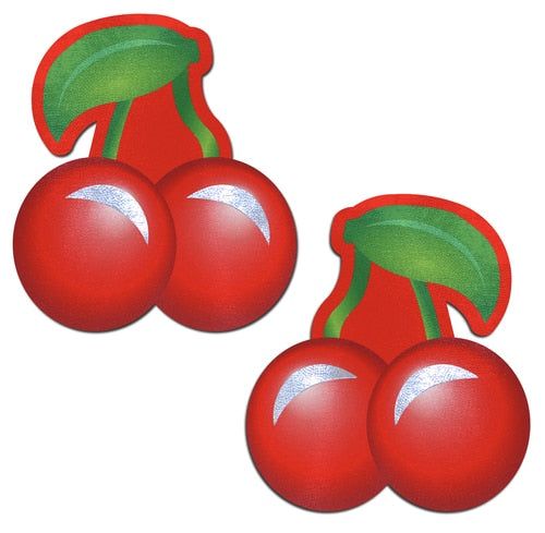 Bright Red Cherries with Green Leaf & Stem Nipple Pasties