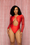 Red Net Lace Up Long Sleeve Bodysuit