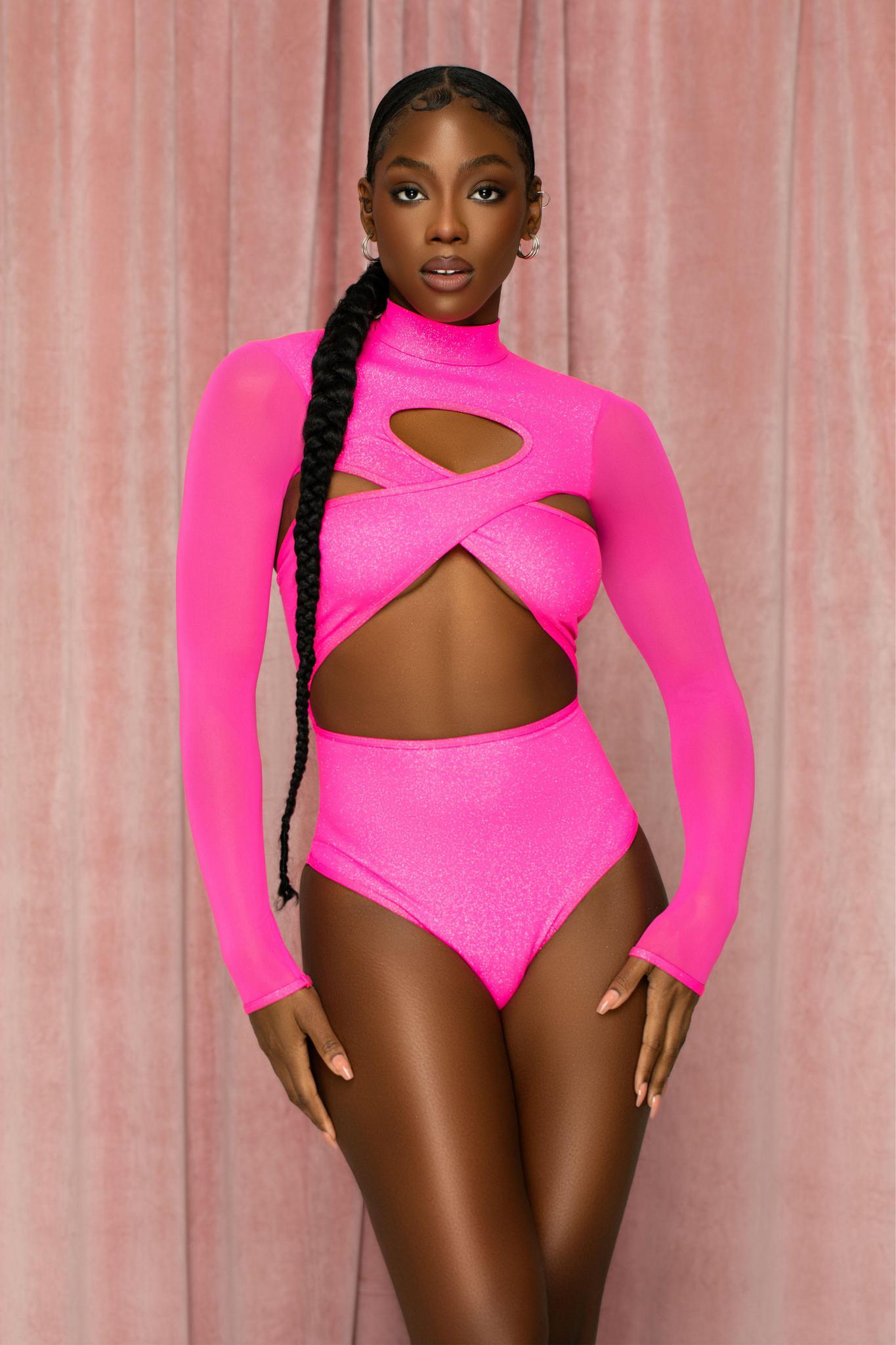 Neon Pink Glitter Criss Cross Cut Out Bodysuit with Sheer Long Sleeves