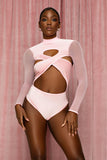 Velvet Baby Pink Criss Cross Cut Out Bodysuit with Sheer Long Sleeves